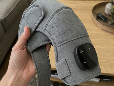 Woman using shoulder support device at home