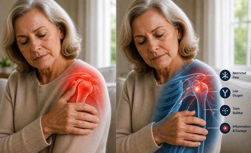 Illustration showing weakened blood flow inside damaged shoulder tissue