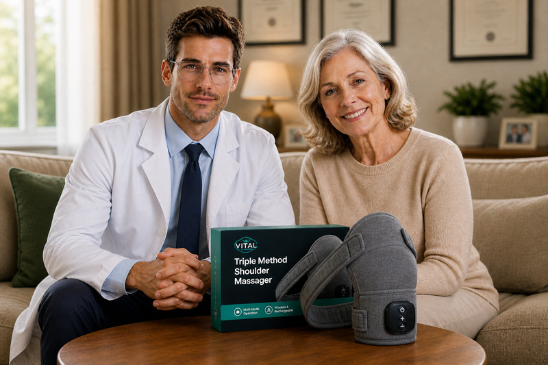 Vital Shoulder Massager worn on shoulder in a comfortable home setting